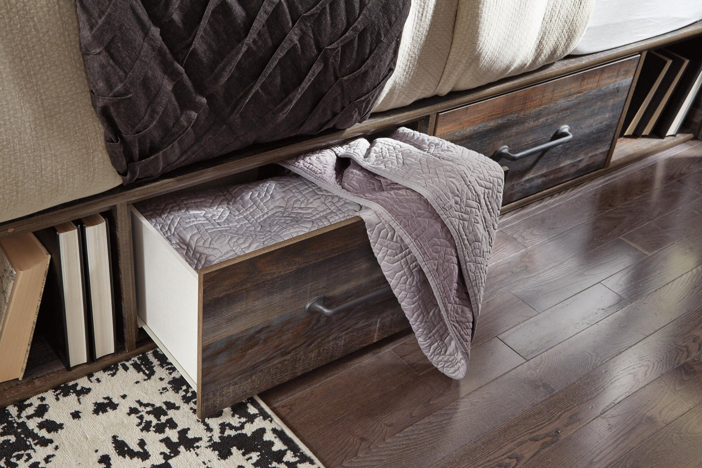 Cama Queen con librería Drystan, 4 cajones, cómoda con espejo, cómoda y mesita de noche