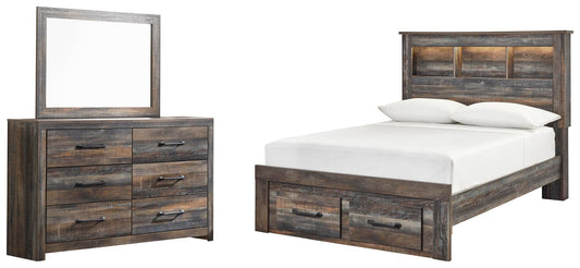 Cama con estantería completa Drystan con dos cajones y tocador con espejo