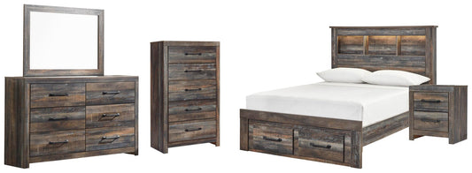 Cama con estantería completa Drystan con 2 cajones de almacenamiento, cómoda con espejo, cómoda y mesita de noche