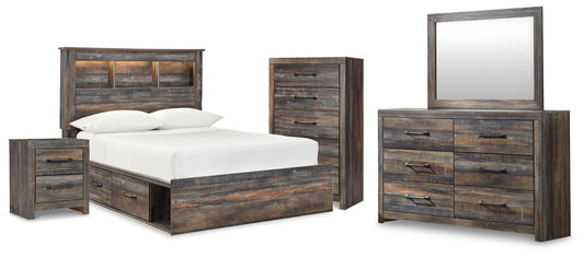 Cama con estantería completa Drystan con 2 cajones de almacenamiento, cómoda con espejo, cómoda y mesita de noche
