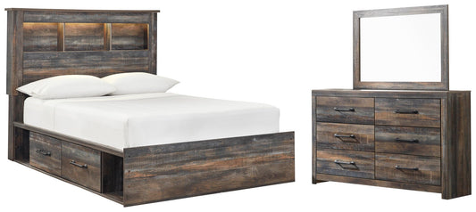 Cama con estantería completa Drystan con dos cajones y tocador con espejo