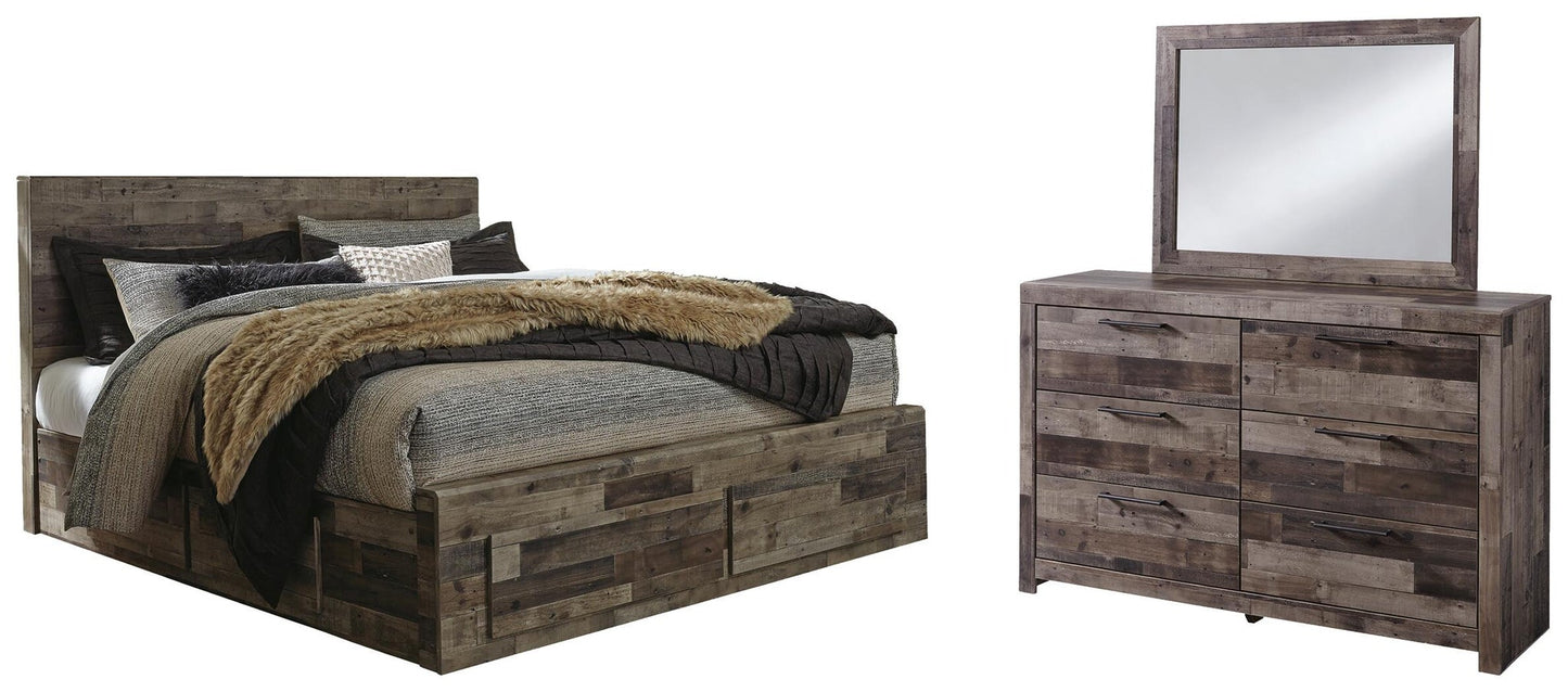 Cama Derekson King con 4 cajones y tocador con espejo