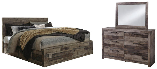 Cama Derekson King con 4 cajones y tocador con espejo