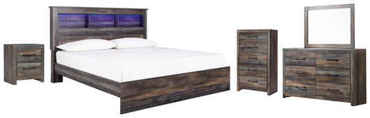 Cama con librería Drystan King con paneles, cómoda con espejo, cómoda y mesita de noche