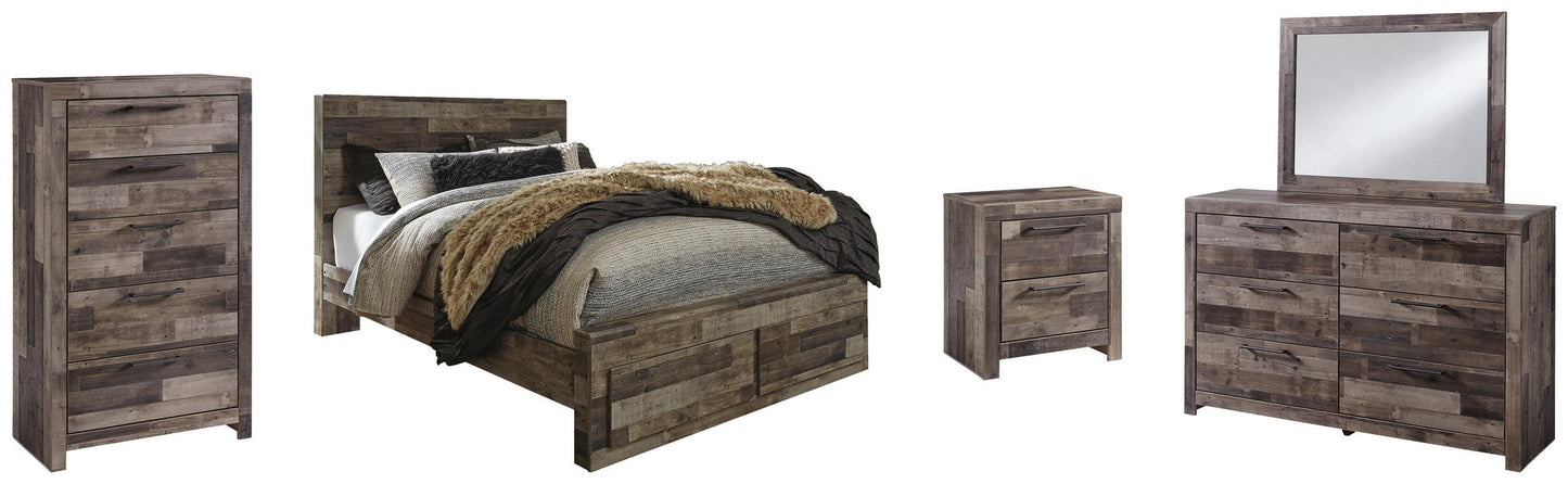 Cama Queen Derekson con dos cajones de almacenamiento, cómoda con espejo, cómoda y mesita de noche