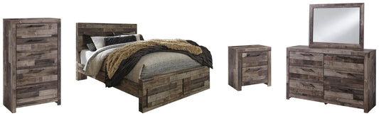 Cama Queen Derekson con dos cajones de almacenamiento, cómoda con espejo, cómoda y mesita de noche
