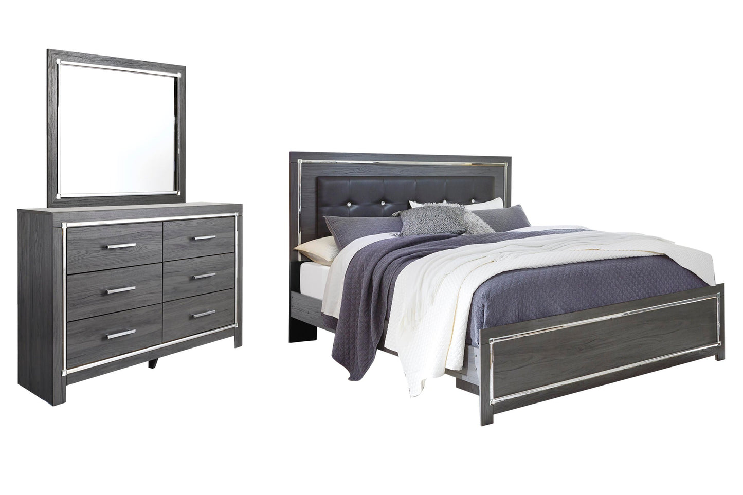 Cama King Lodanna con paneles y tocador con espejo