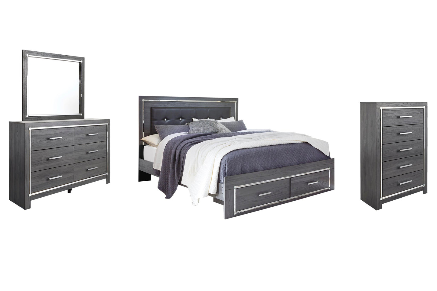Cama King Lodanna con dos cajones, cómoda con espejo y mesita de noche