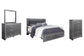 Cama King Lodanna con dos cajones, cómoda con espejo y mesita de noche