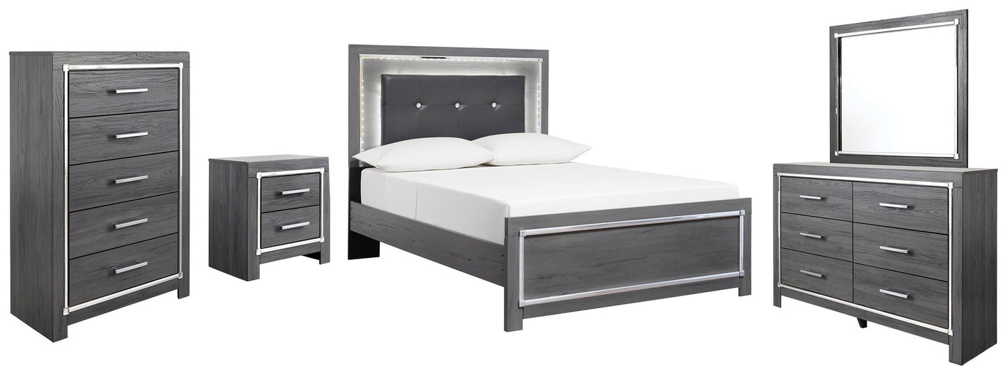 Cama Lodanna con paneles completos, tocador con espejo, cómoda y mesita de noche