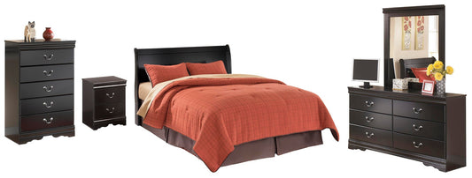 Cabecera de cama estilo trineo Huey Vineyard Queen con tocador con espejo, cómoda y mesita de noche
