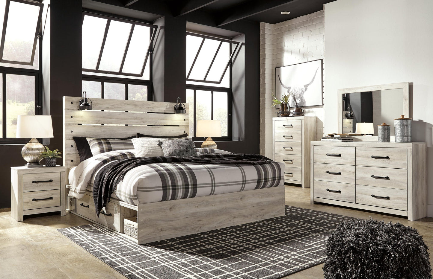Cama King Cambeck con 4 cajones, cómoda con espejo, cómoda y mesita de noche