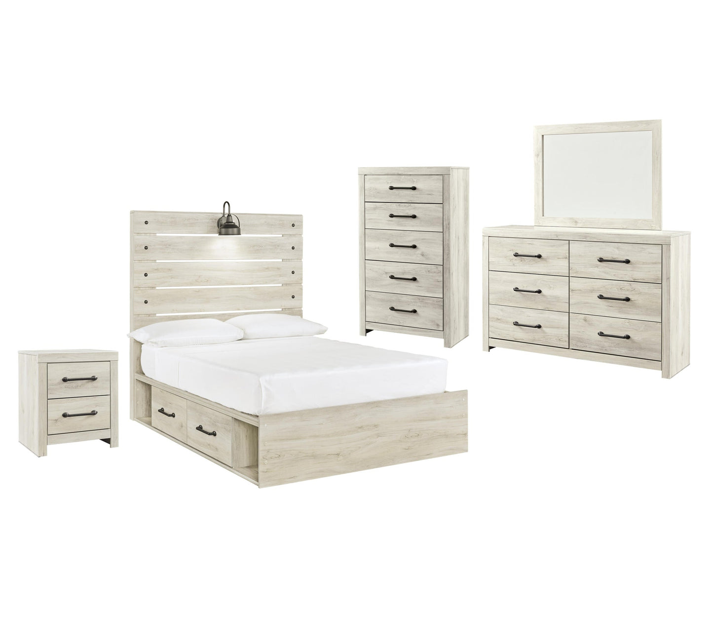 Cama completa Cambeck con 4 cajones de almacenamiento, cómoda con espejo, cómoda y mesita de noche
