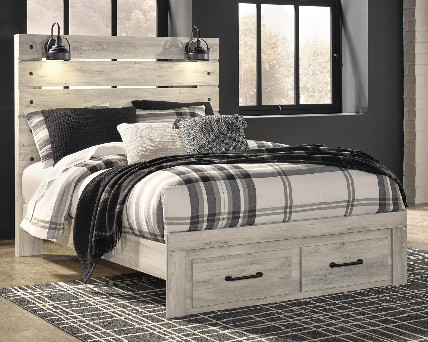 Cama Queen Cambeck con dos cajones y tocador con espejo
