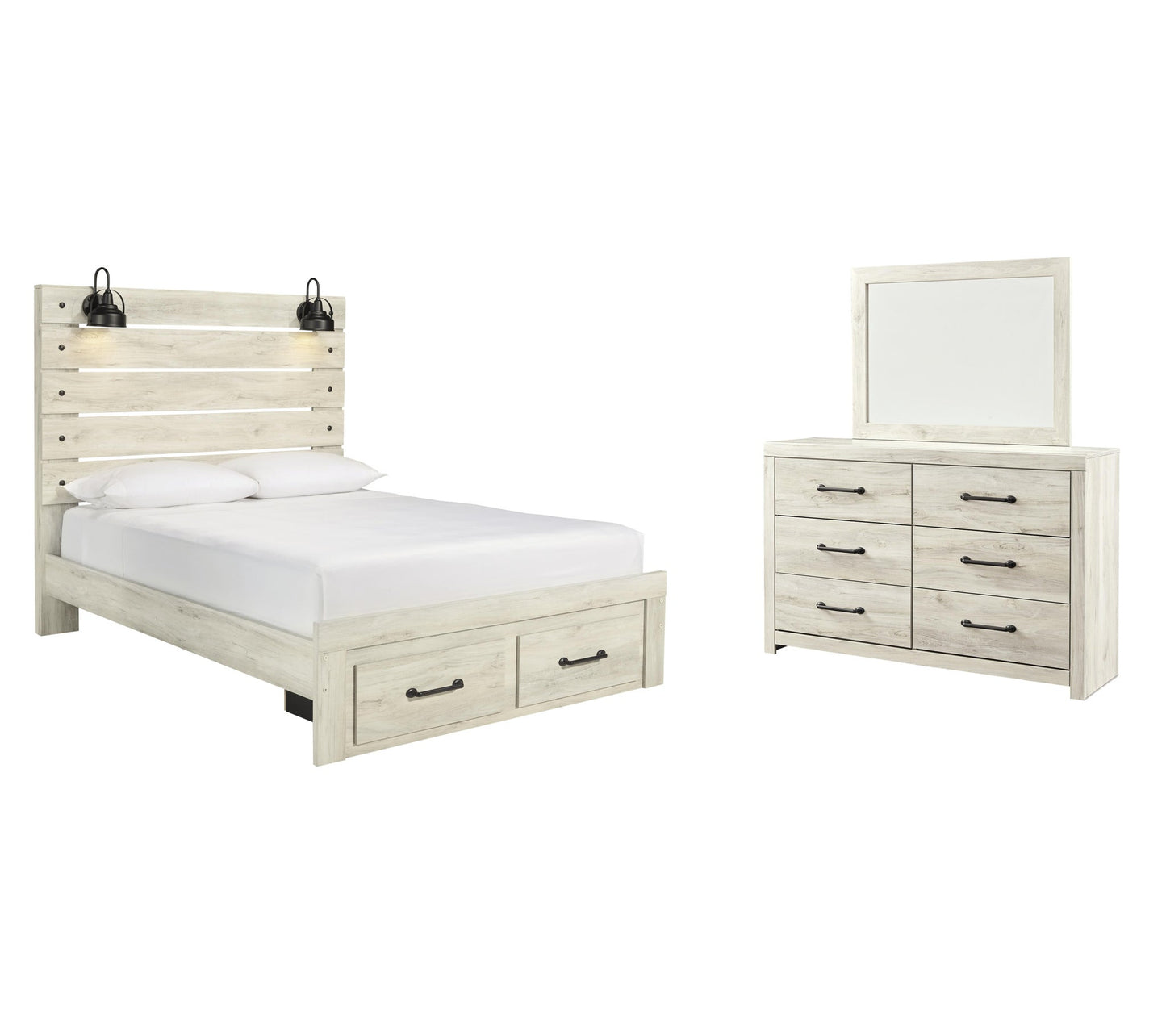 Cama Queen Cambeck con dos cajones y tocador con espejo