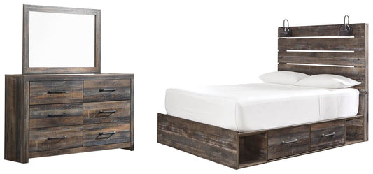 Cama Drystan Queen con dos cajones y tocador con espejo