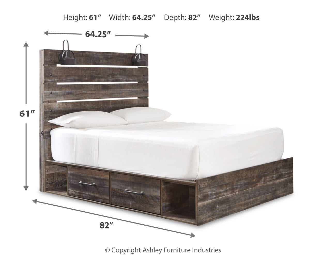 Cama Drystan Queen con dos cajones y tocador con espejo