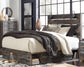 Cama Drystan Queen con dos cajones, cómoda con espejo, cómoda y mesita de noche