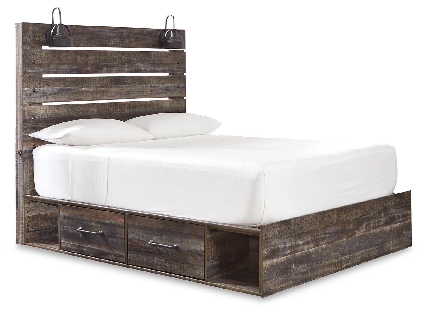 Cama Drystan Queen con dos cajones, cómoda con espejo, cómoda y mesita de noche