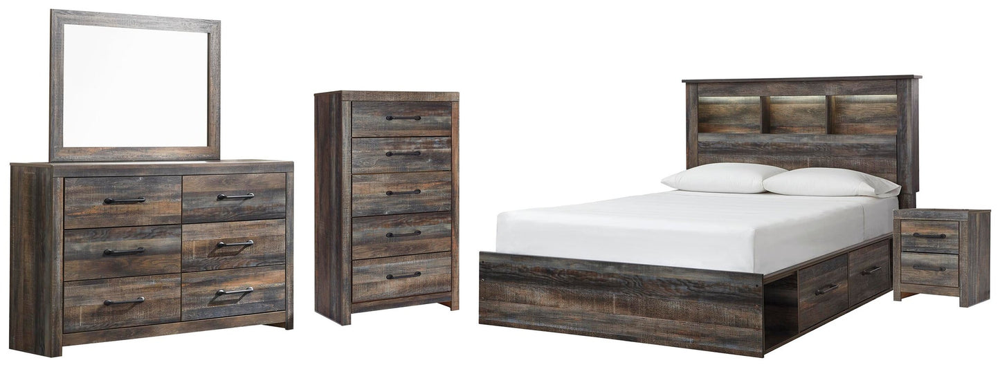 Cama Queen con librería Drystan, dos cajones, tocador con espejo, cómoda y mesita de noche
