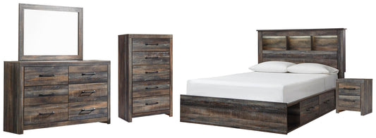 Cama Queen con librería Drystan, dos cajones, tocador con espejo, cómoda y mesita de noche