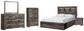 Cama Queen con librería Drystan, dos cajones, tocador con espejo, cómoda y mesita de noche