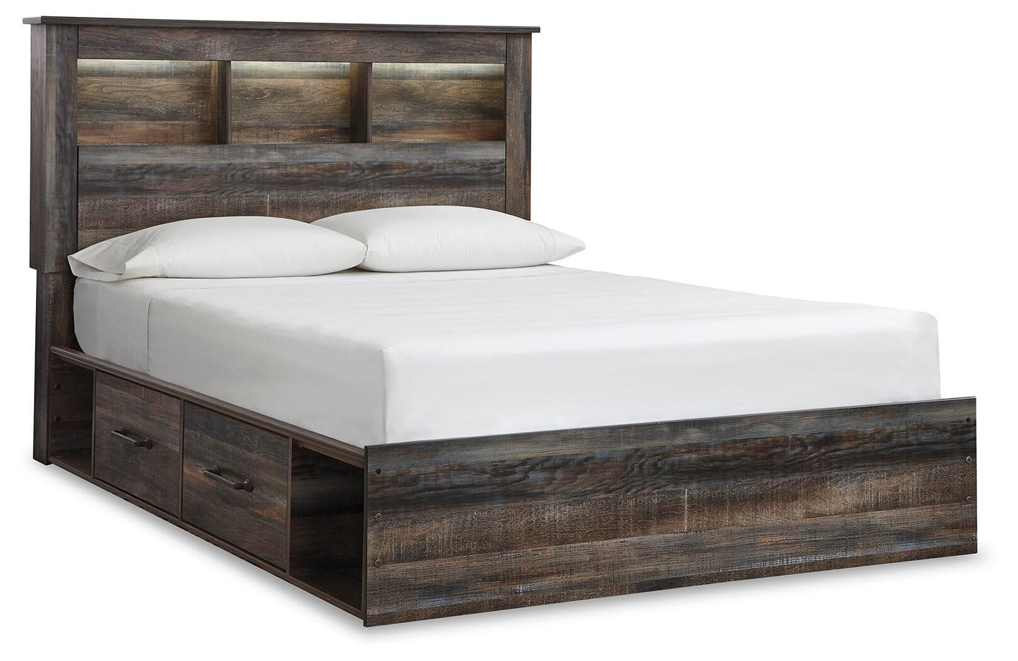 Cama Queen con librería Drystan, dos cajones, tocador con espejo, cómoda y mesita de noche