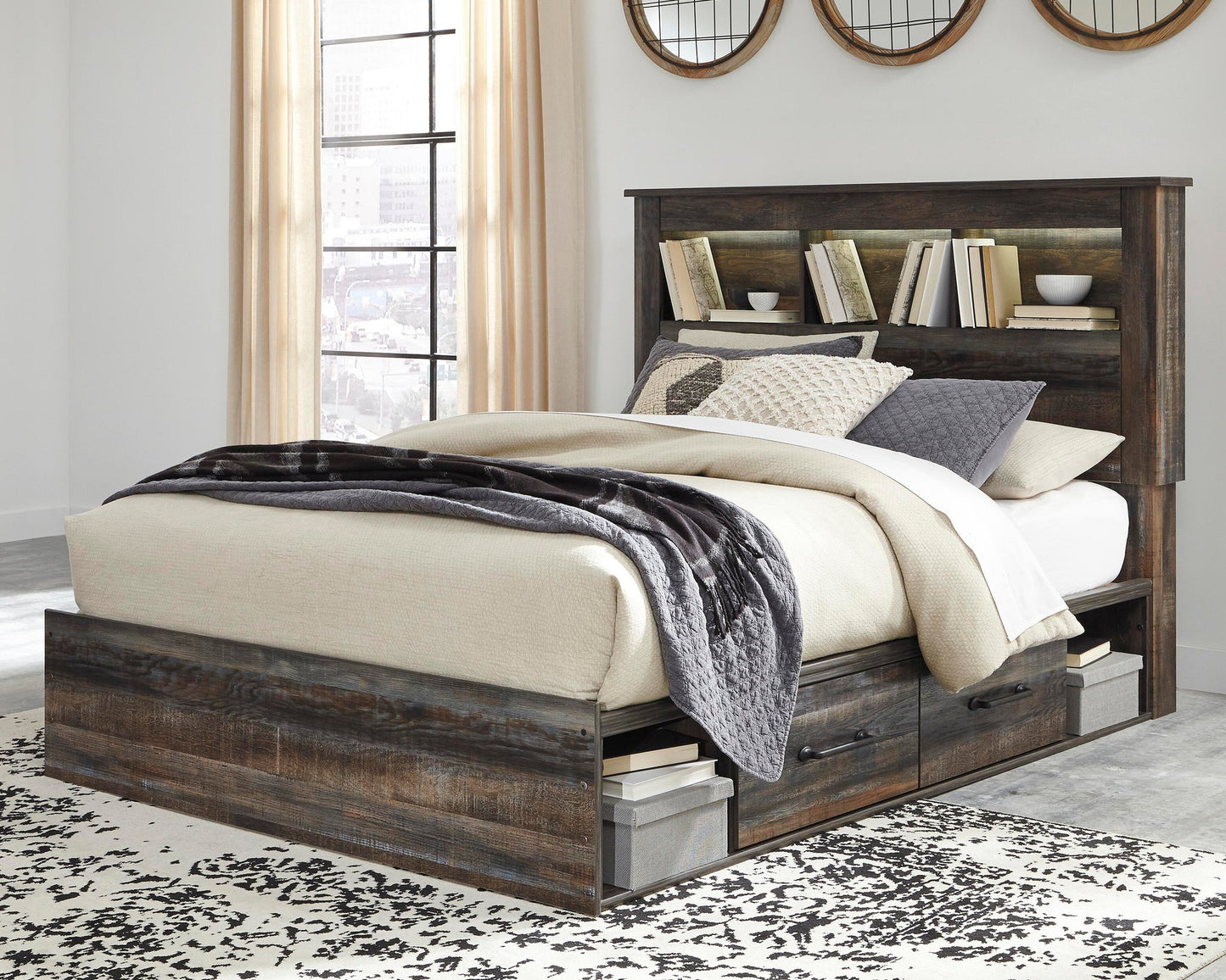 Cama Drystan Queen con librería, dos cajones y tocador con espejo