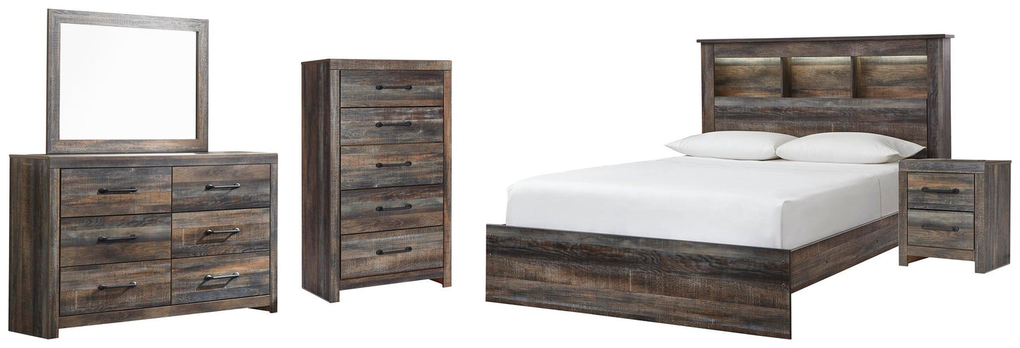 Cama Queen con estantería Drystan, cómoda con espejo, cómoda y mesita de noche