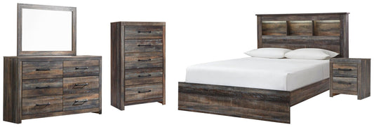 Cama Queen con estantería Drystan, cómoda con espejo, cómoda y mesita de noche