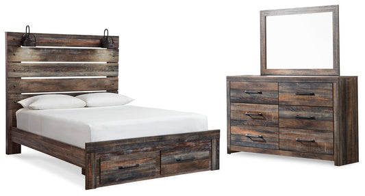 Cama Drystan Queen con dos cajones y tocador con espejo