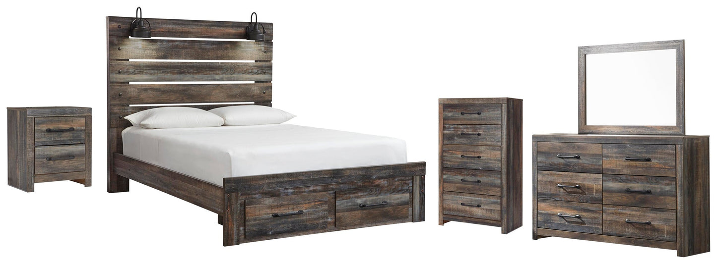 Cama Drystan Queen con dos cajones, cómoda con espejo, cómoda y mesita de noche