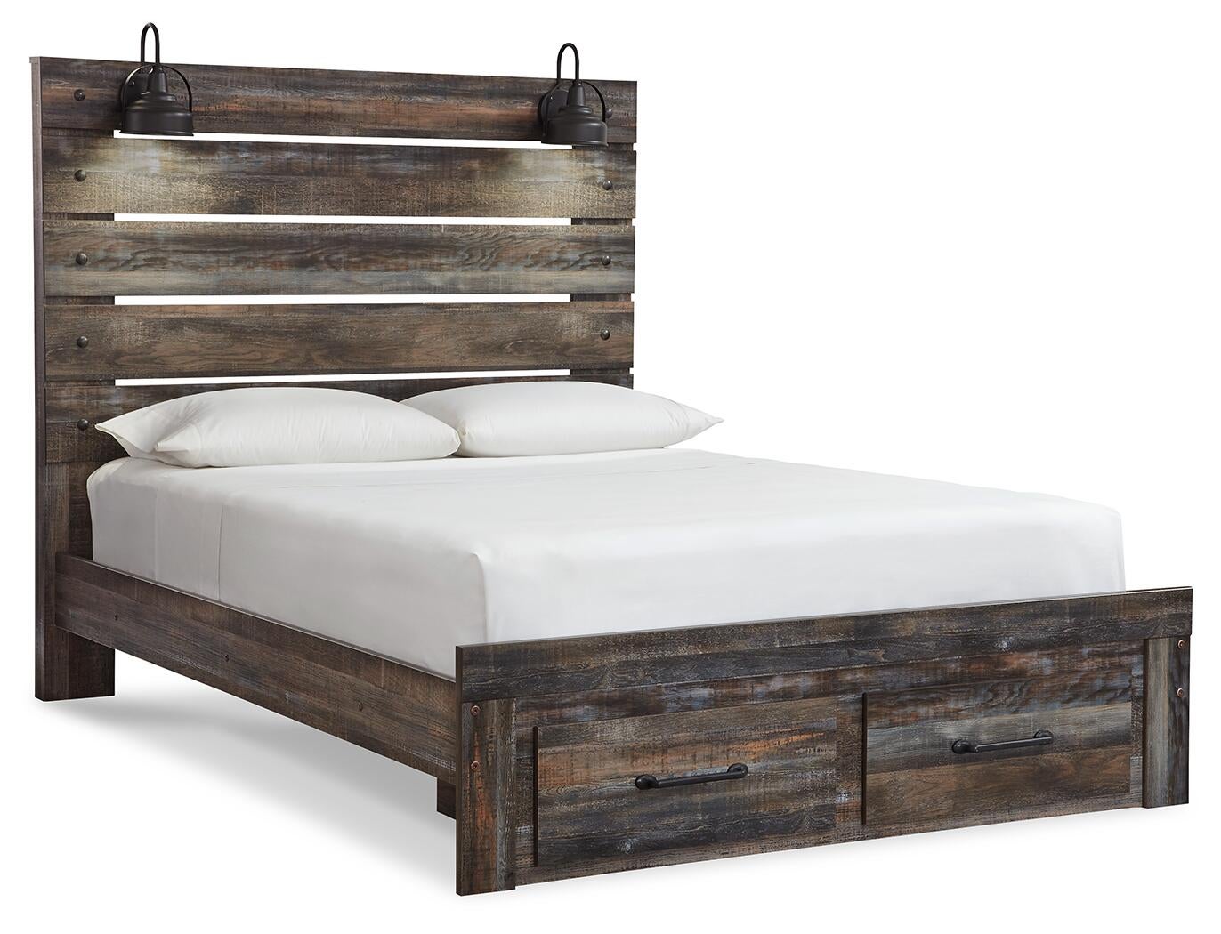 Cama Drystan Queen con dos cajones, cómoda con espejo, cómoda y mesita de noche