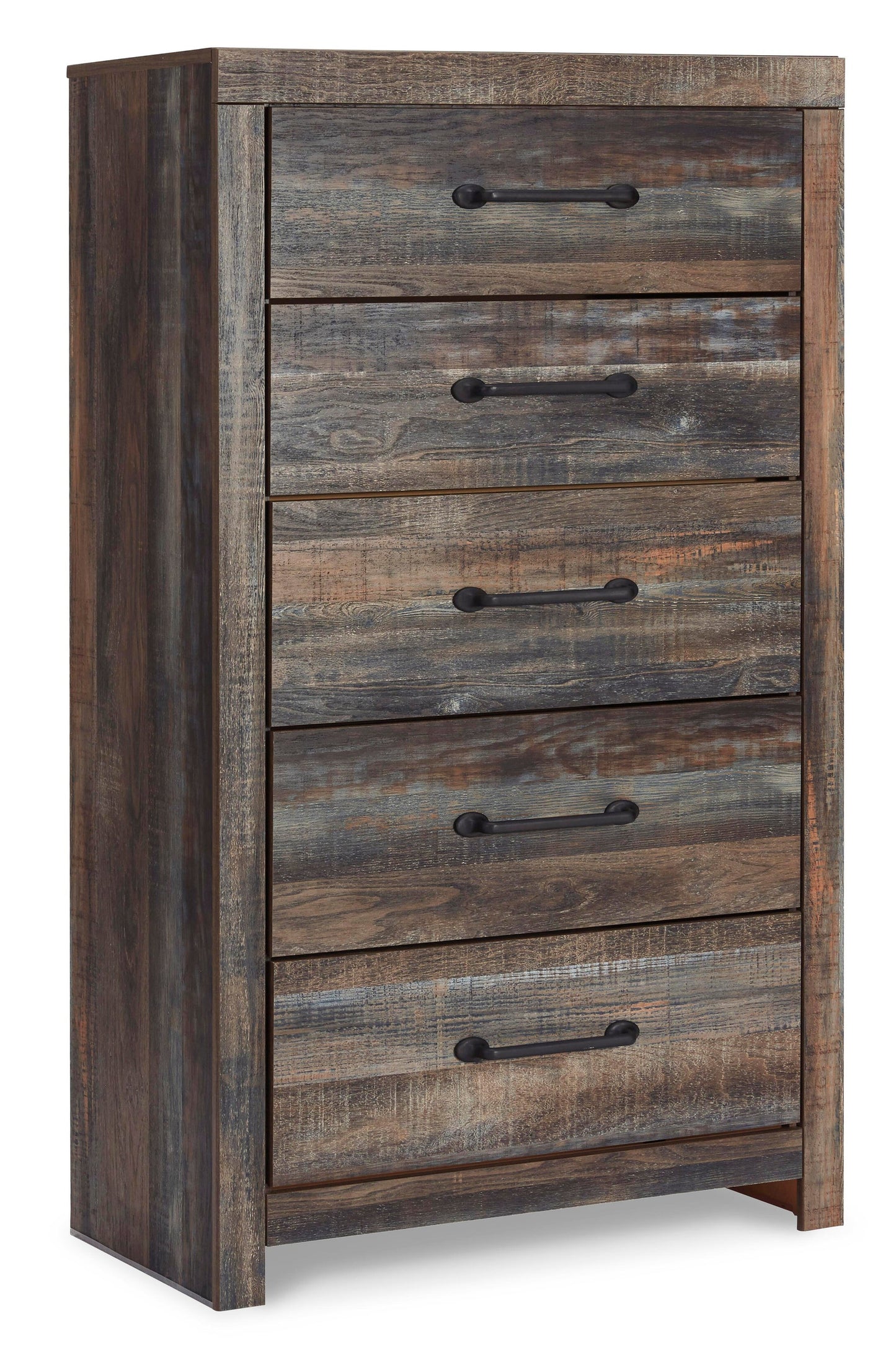 Cama Drystan Queen con dos cajones, cómoda con espejo, cómoda y mesita de noche