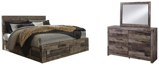 Cama Derekson King con paneles, 6 cajones y tocador con espejo