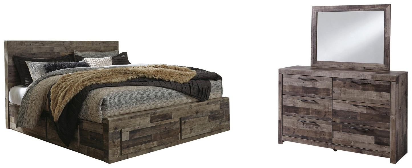Cama Derekson King con paneles, 6 cajones y tocador con espejo