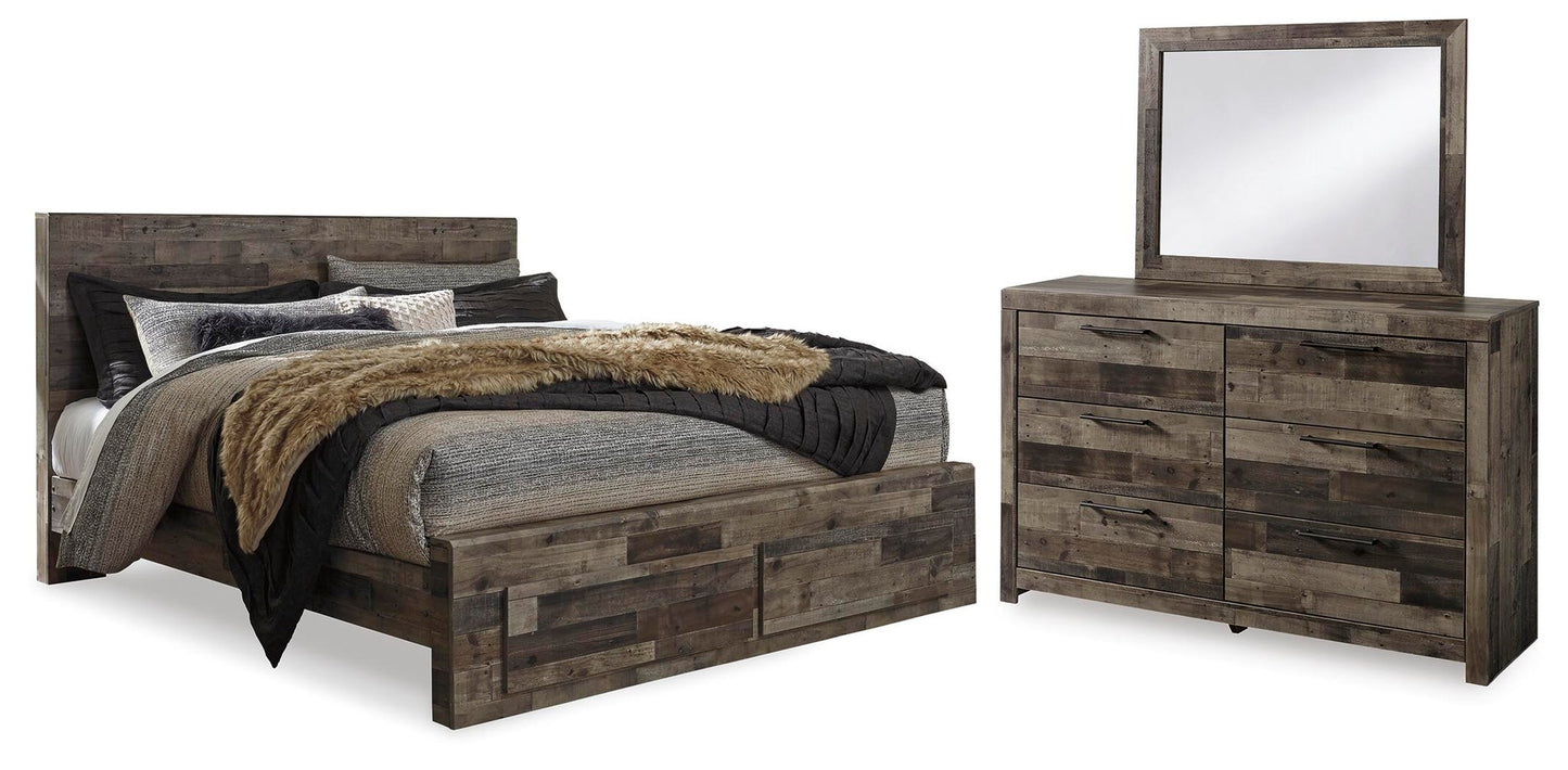 Cama Derekson King con dos cajones y tocador con espejo