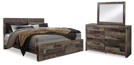 Cama Derekson King con dos cajones y tocador con espejo