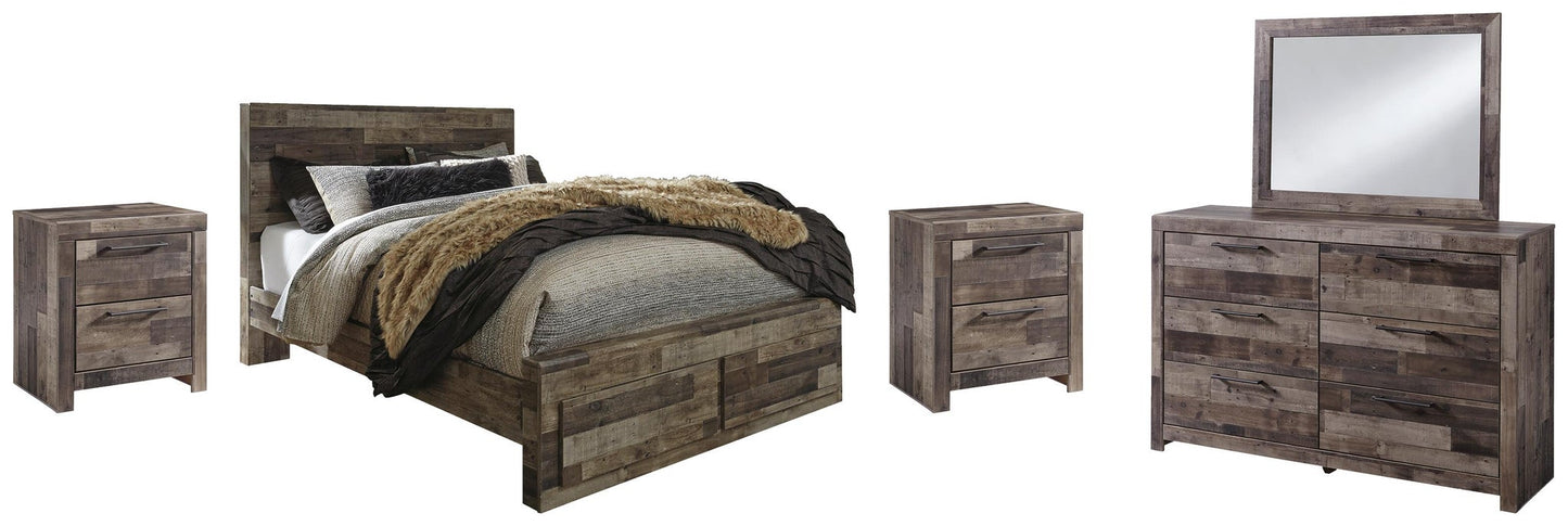Cama Queen Derekson con dos cajones de almacenamiento, cómoda con espejo, cómoda y mesita de noche