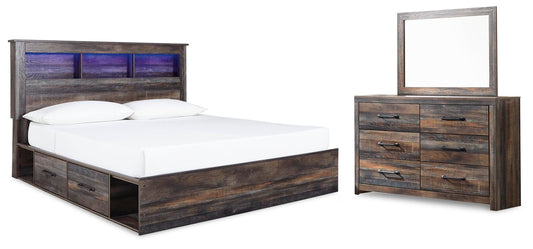Cama con estantería Drystan King, 4 cajones y tocador con espejo