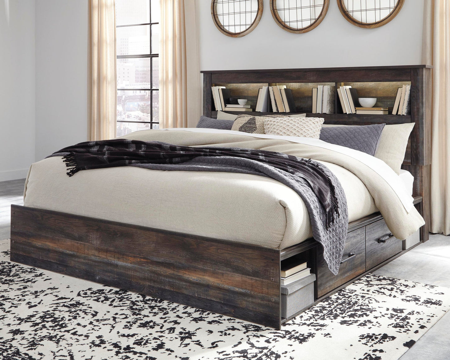 Cama con estantería Drystan King, 4 cajones y tocador con espejo