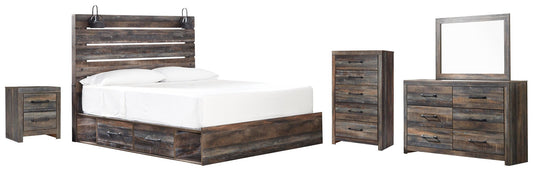 Cama Drystan King con 4 cajones, cómoda con espejo, cómoda y mesita de noche