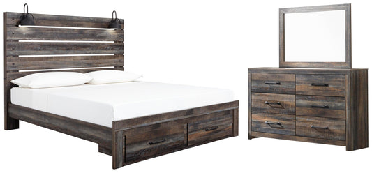 Cama Drystan King con paneles, espacio de almacenamiento y tocador con espejo