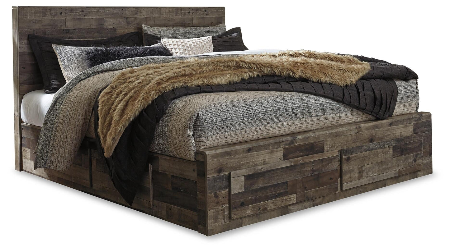 Cama Derekson King con 6 cajones, cómoda con espejo, cómoda y mesita de noche