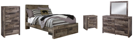 Cama Derekson de tamaño completo con dos cajones de almacenamiento, cómoda con espejo, cómoda y mesita de noche