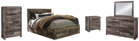 Cama Queen Derekson con 4 cajones, cómoda con espejo, cómoda y mesita de noche