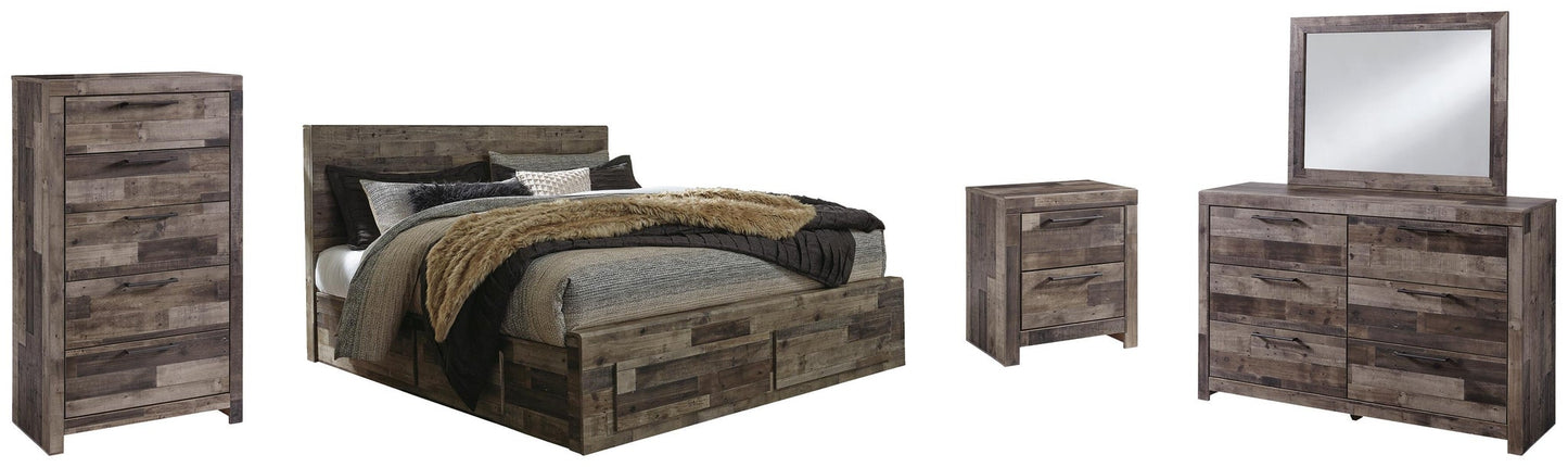 Cama Derekson King con 4 cajones de almacenamiento, cómoda con espejo, cómoda y mesita de noche