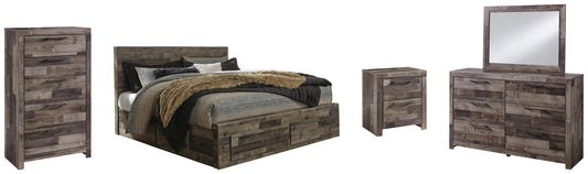Cama Derekson King con 4 cajones de almacenamiento, cómoda con espejo, cómoda y mesita de noche
