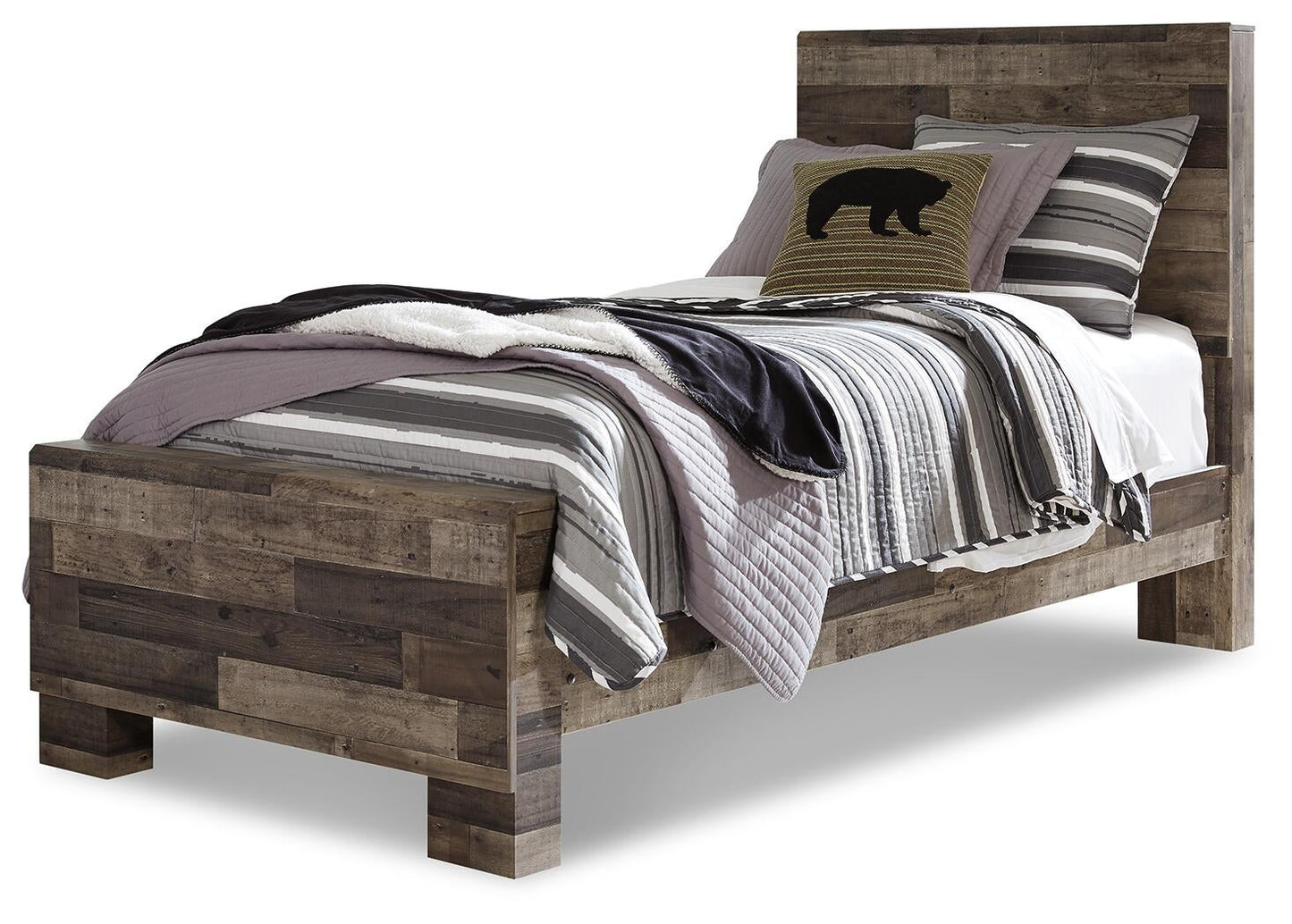 Cama individual Derekson con paneles, cómoda con espejo y mesita de noche