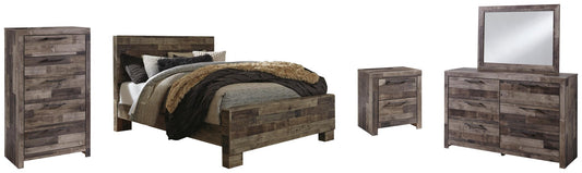 Cama Queen Derekson con paneles, cómoda con espejo y mesita de noche